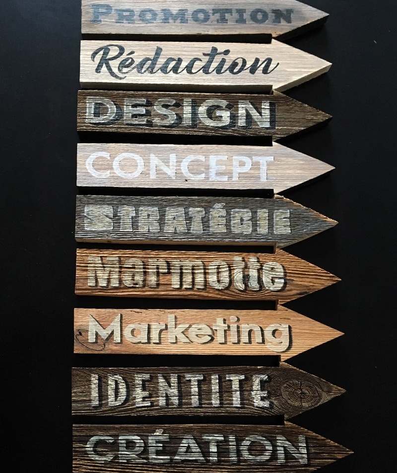 Flèches signalétiques en vieux bois avec lettres peintes à la main