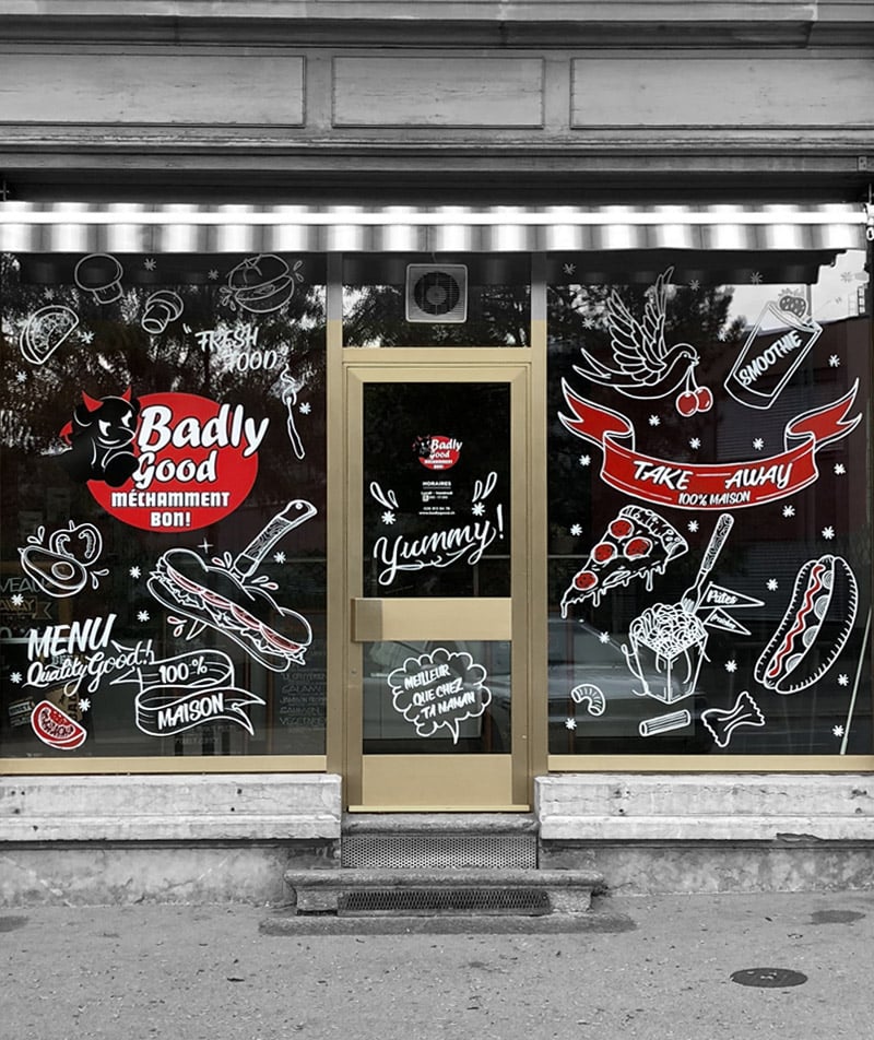 Peinture en lettre sur vitrine et lettering