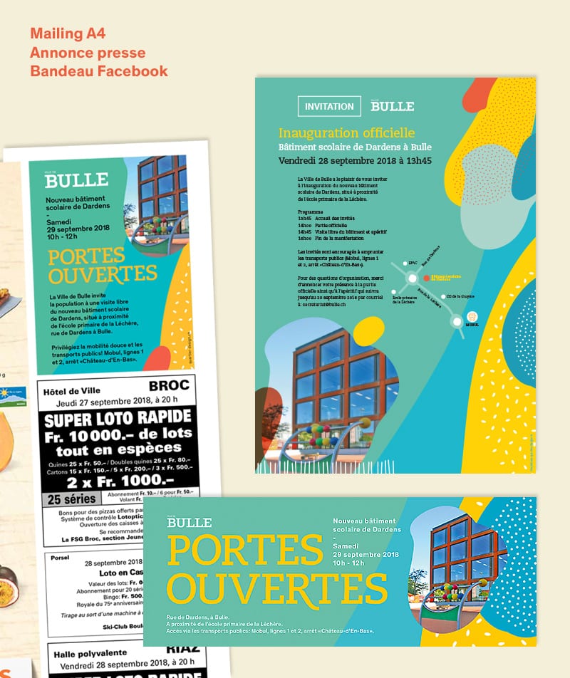 Mailling, annonce et Bandeau Facebook pour la campagne promotionnelle pour portes ouvertes école Bulle